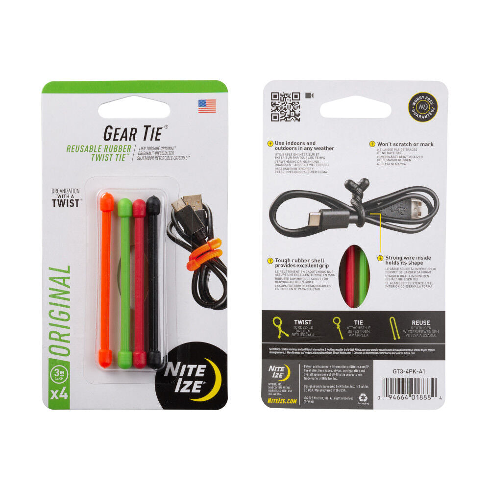 Gear Tie Reusable Rubber Twist Tie 3in 4pk Assorted GT3-4PK-A1