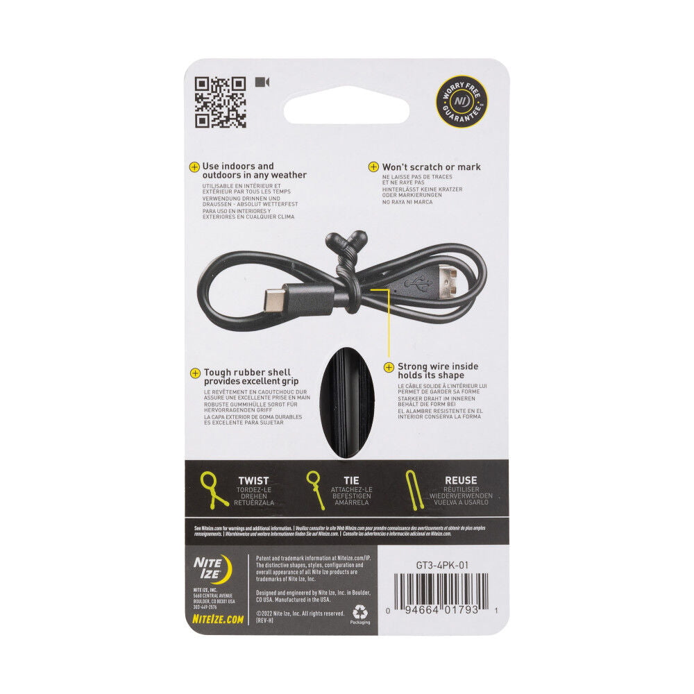 Gear Tie Reusable Rubber Twist Tie 3in 4pk Black GT3-4PK-01