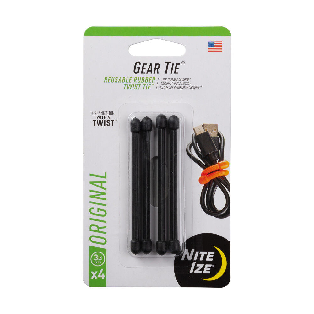 Gear Tie Reusable Rubber Twist Tie 3in 4pk Black GT3-4PK-01