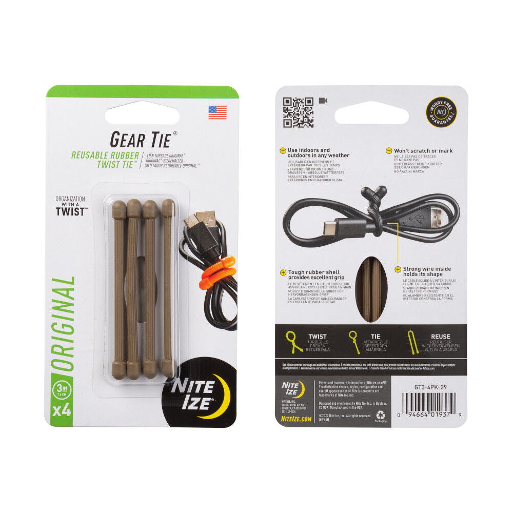 Gear Tie Reusable Rubber Twist Tie 3in 4pk Coyote GT3-4PK-29