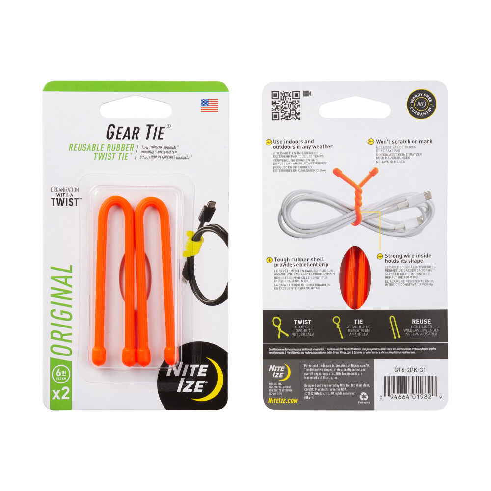 Gear Tie Reusable Rubber Twist Tie 6in 2pk Br. Orange GT6-2PK-31