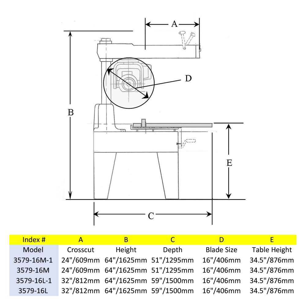 16 In. 1 Phase Metal Cutting Radial Arm Saw 3579-16M-1