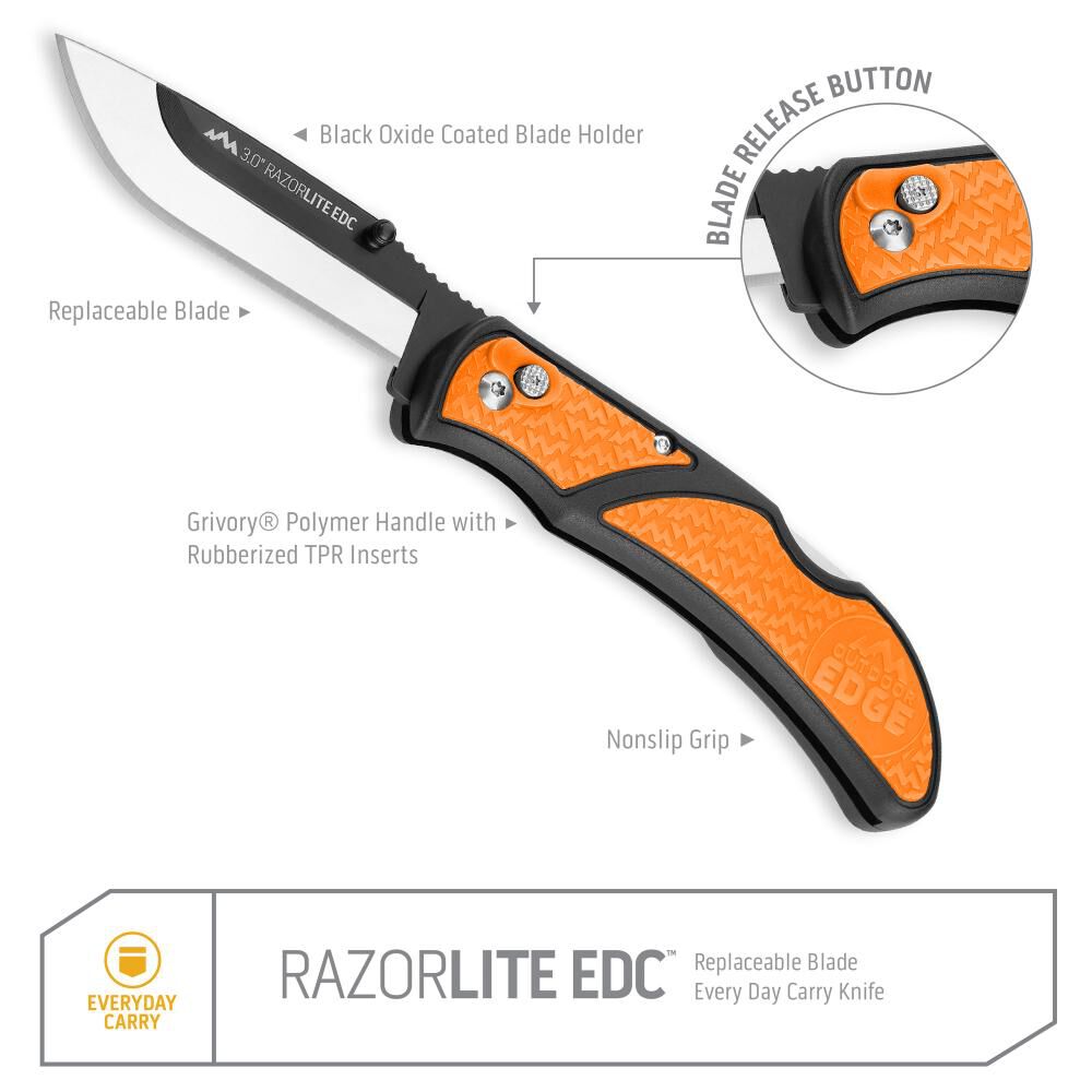 RazorLite EDC Folding Knife Orange 3in with 4 Blades RLB30-30C