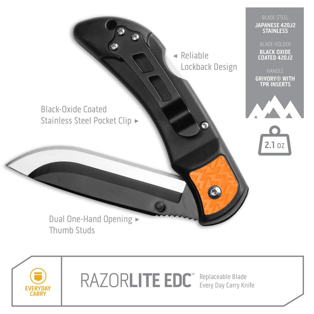 RazorLite EDC Folding Knife Orange 3in with 4 Blades RLB30-30C