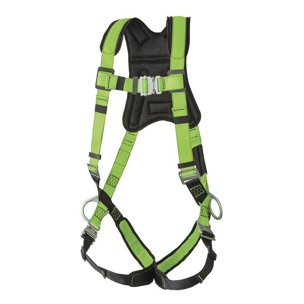 Full Body Padded Safety Harness with Back Support 5-Point Adjustment Fall Indicator Back and Side D-Rings Stab Lock Leg Buckles Hi-Vis Green/Black Universal Fit V8006110