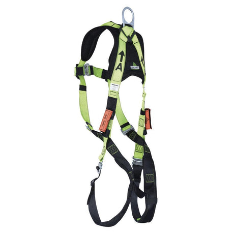 Full Body Padded Safety Harness with Back Support 5-Point Adjustment Fall Indicator Back D-Ring Stab Lock Leg Buckles Hi-Vis Green/Black Universal Fit V8006100