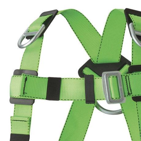 Full Body Safety Harness 5-Point Adjustment with Fall Indicator Back and Shoulder D-Rings Pass Thru Leg Buckles Hi-Vis Green/Black Universal Fit V8002030