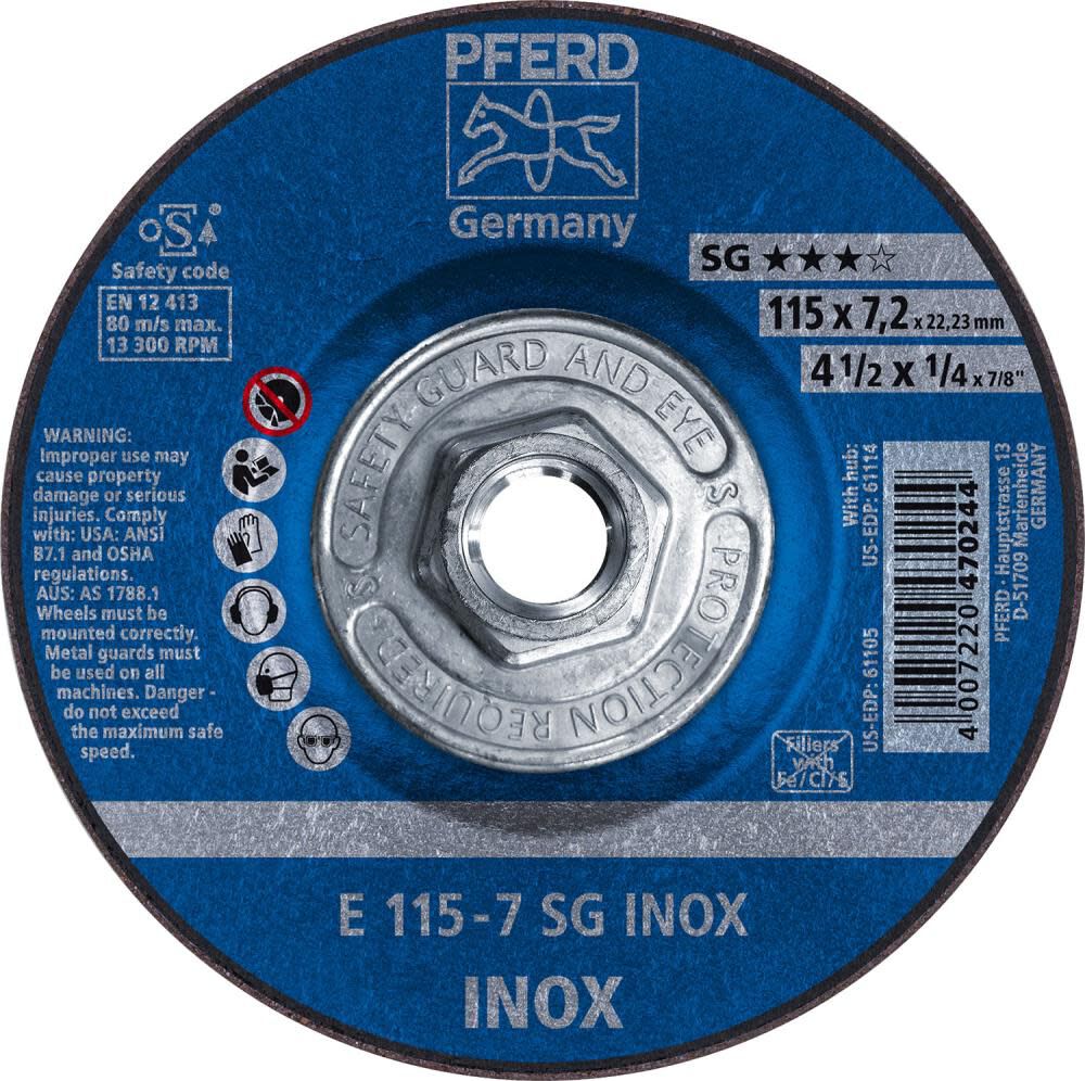 4 1/2in x 1/4 Grinding Wheel 5/8-11 Thd SG INOX Type 27 61114