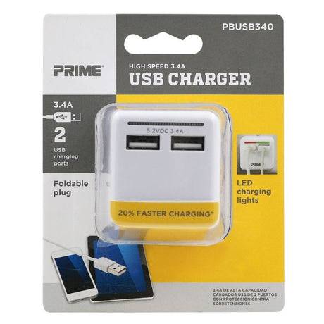 2 Port USB Travel Charger with Retractable Plug PBUSB340