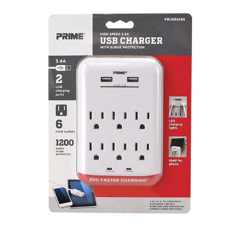 3 Prong 6 Outlet with 2 Port USB Charger PBUSB346S