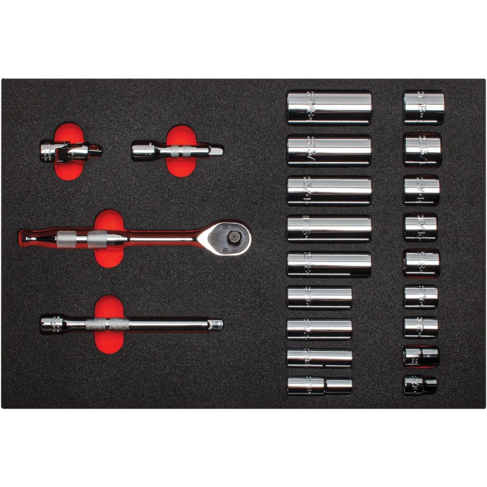 3/8in Drive 12pt Foamed Socket Set 22pc with Pear Head Ratchet J52136HTCKV