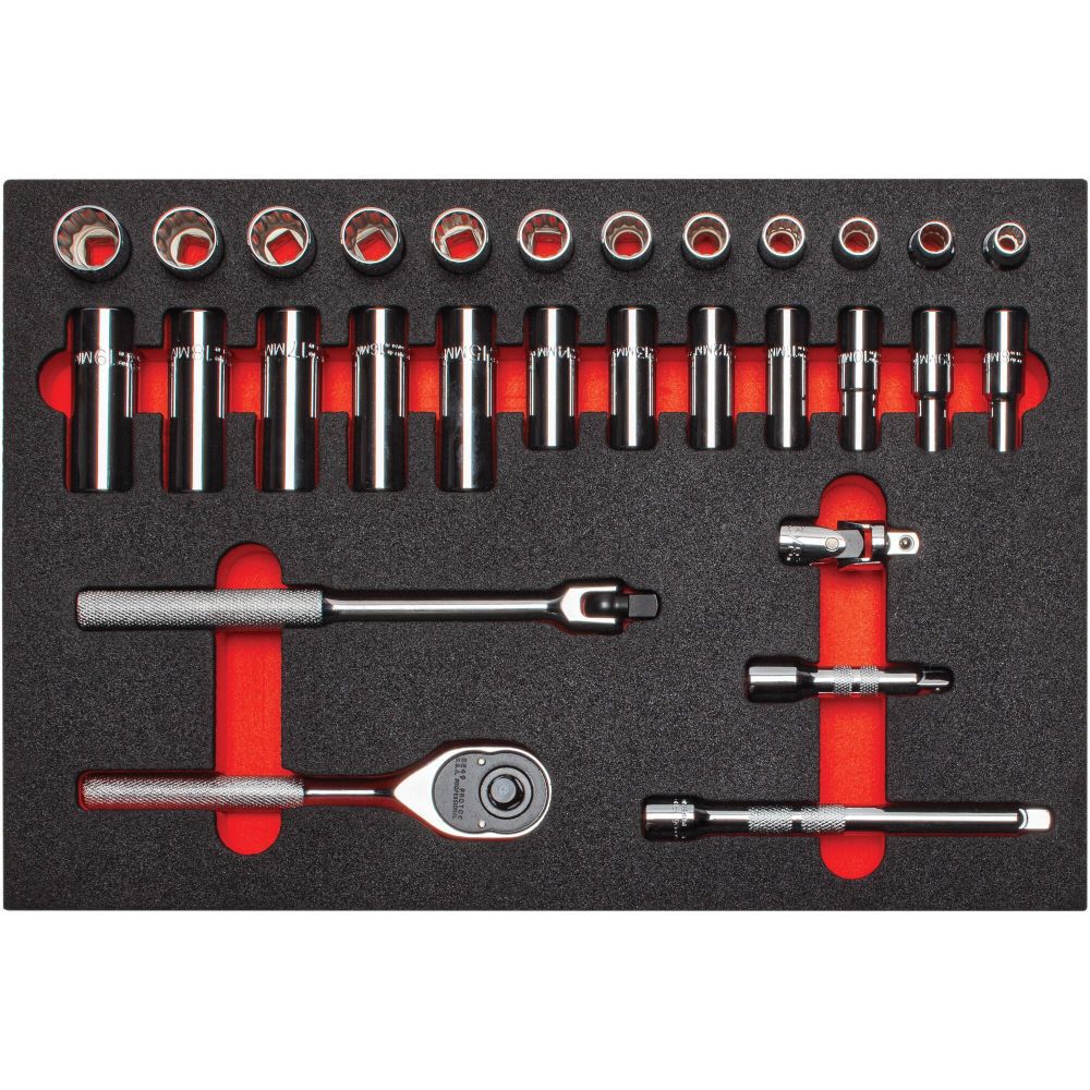 3/8in Drive 12pt Foamed Socket Set 29pc with Pear Head Ratchet J52222KV