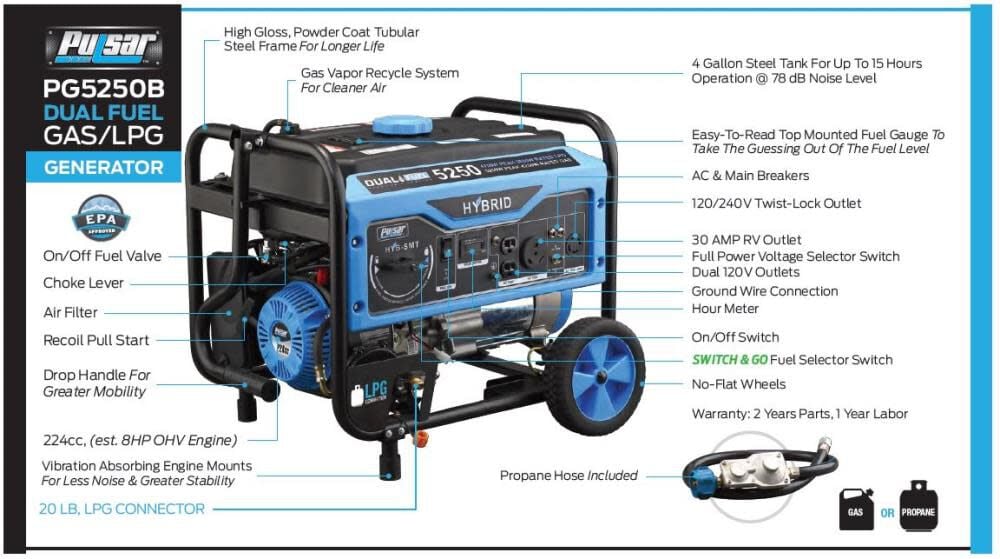 5250 Watt Dual Fuel Portable Generator PG5250B