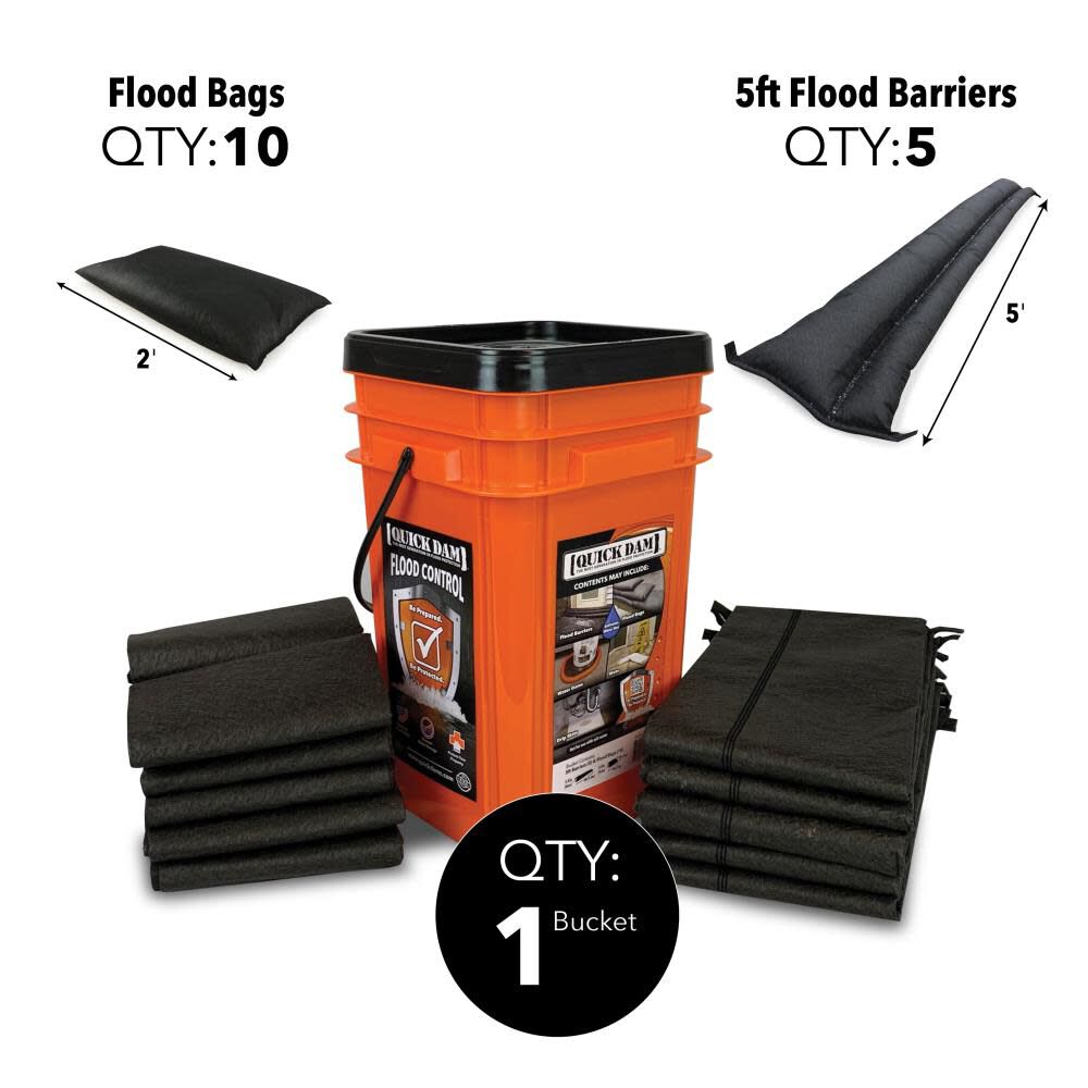 Grab and Go Flood Kit Includes 5-5 ft Flood Barriers and 10-2 ft Flood Bags in Bucket QDGGCO