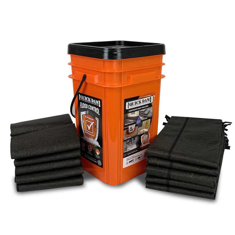 Grab and Go Flood Kit Includes 5-5 ft Flood Barriers and 10-2 ft Flood Bags in Bucket QDGGCO