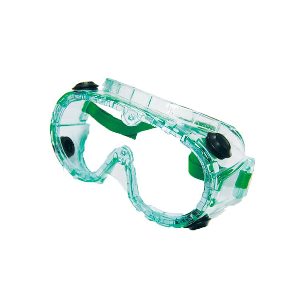 Flexible Soft Chemical Splash Protective Safety Goggle Indirect Vent Anti-Fog Polycarbonate Lens Adjustable Strap Green PVC Body Clear Tint S88210