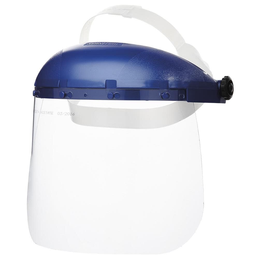 Single Crown Safety Face Shield with Pin-Lock Headgear Polycarbonate Window Clear Tint Uncoated Blue Crown S39010