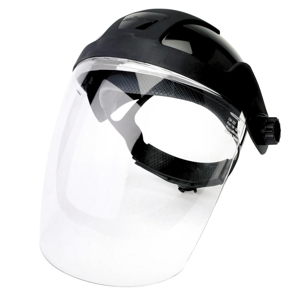 Single Crown Safety Face Shield with Ratchet Headgear, Uncoated, Clear Tint, Black Crown S32010