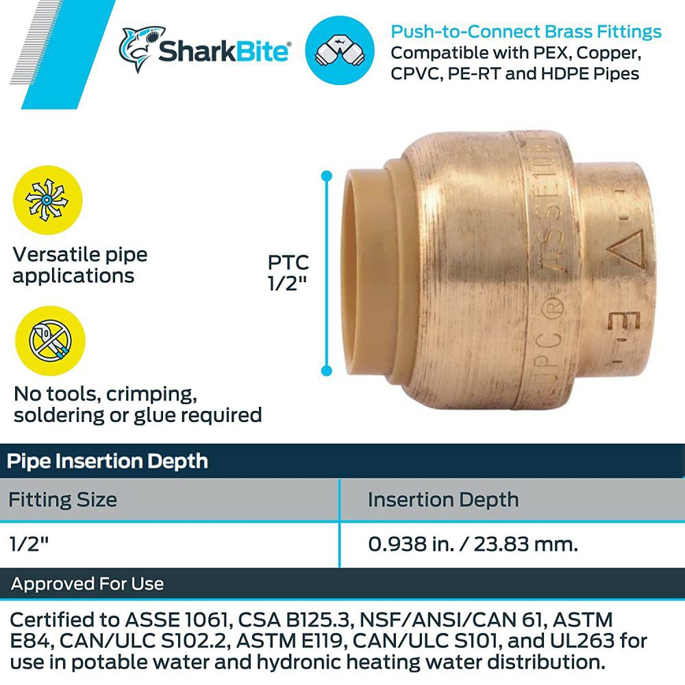 1/2in Push to Connect Brass End Cap U514LFA4