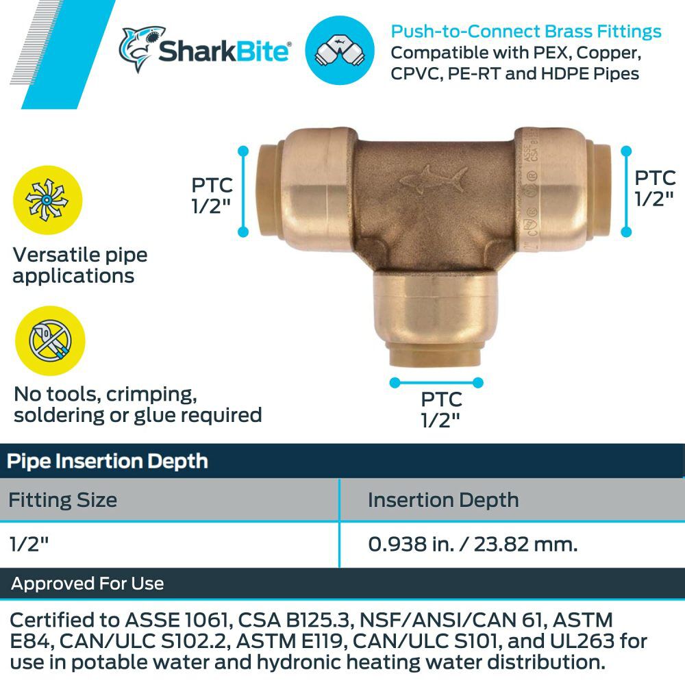 1/2in x 1/2in x 1/2in Push to Connect Brass Tee U362LFA