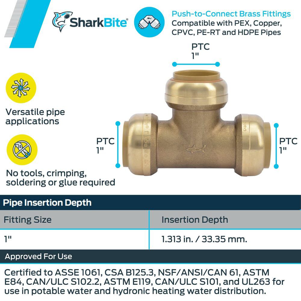 1in x 1in x 1in Push to Connect Brass Tee U374LFA