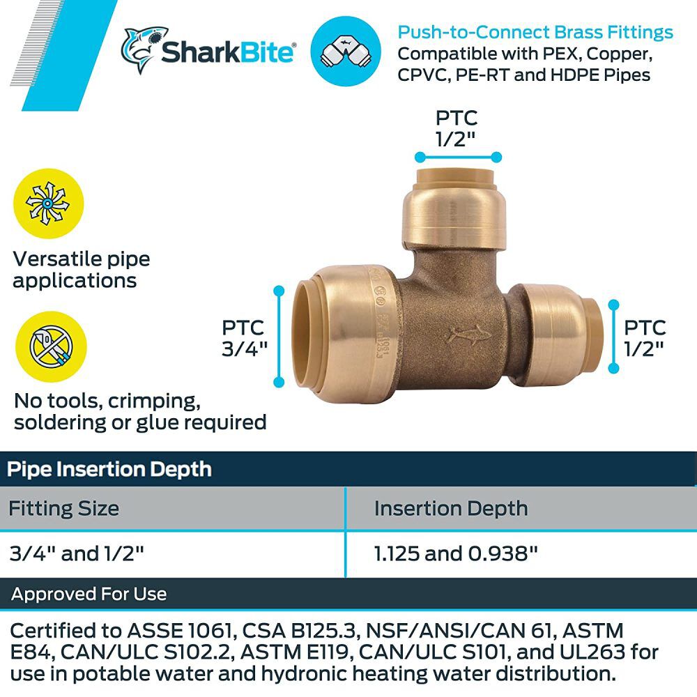 3/4 x 1/2 x 1/2in Push to Connect Brass Reducing Tee U454LFA