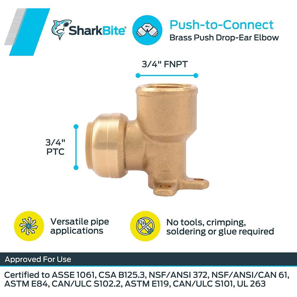 3/4in x 3/4in FNPT 90 Deg Angle Push Drop Ear Elbow U340LFA