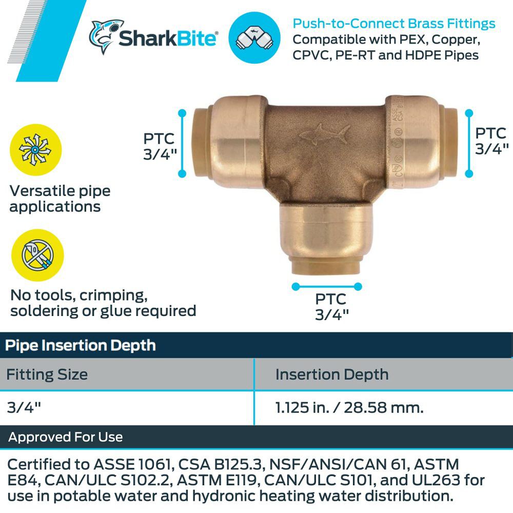 3/4in x 3/4in x 3/4in Push to Connect Brass Tee U370LFA