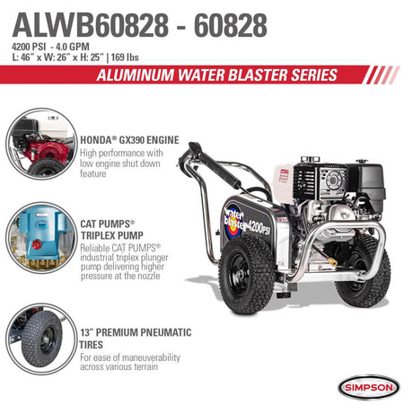 Aluminum Water Blaster 4200 PSI at 4.0 GPM HONDA GX390 with CAT Triplex Plunger Pump Cold Water Professional Belt Drive Gas Pressure Washer (49-State) 60828