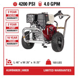 Aluminum Water Blaster 4200 PSI at 4.0 GPM HONDA GX390 with CAT Triplex Plunger Pump Cold Water Professional Belt Drive Gas Pressure Washer (49-State) 60828