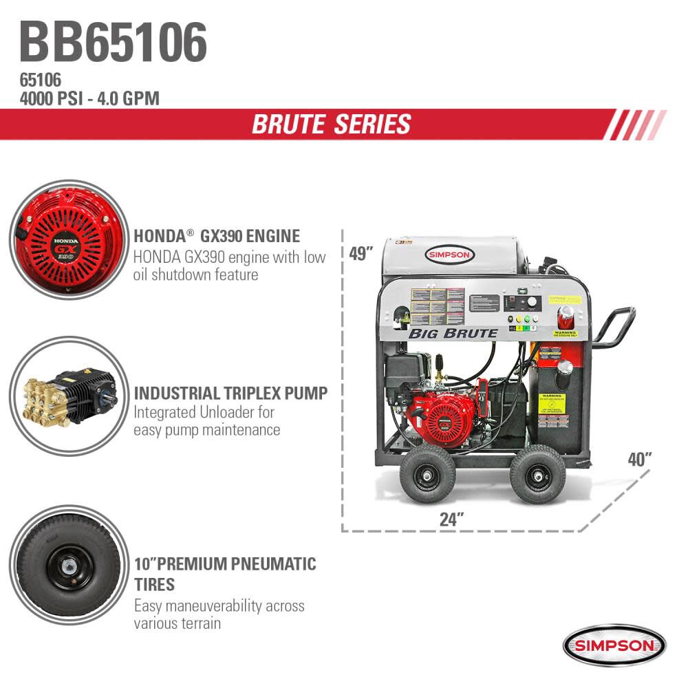 Big Brute 4000 PSI at 4.0 GPM HONDA GX390 with COMET Triplex Plunger Pump Hot Water Professional Gas Pressure Washer (49-State) 65106