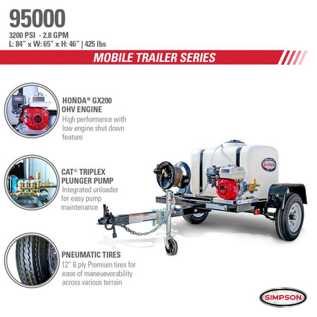 Cold Water Professional Gas Pressure Washer Trailer 3200 PSI 95000