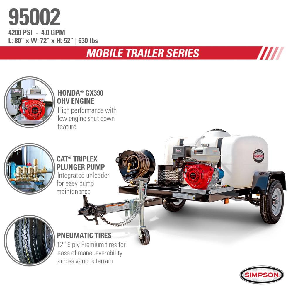 Cold Water Professional Gas Pressure Washer Trailer 4200 PSI 95002