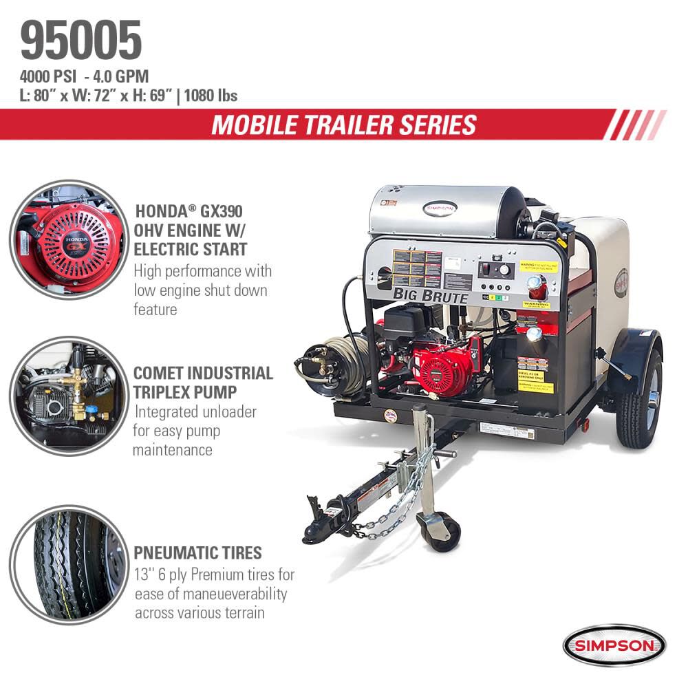 Hot Water Professional Gas Pressure Washer Trailer 4000 PSI 95005