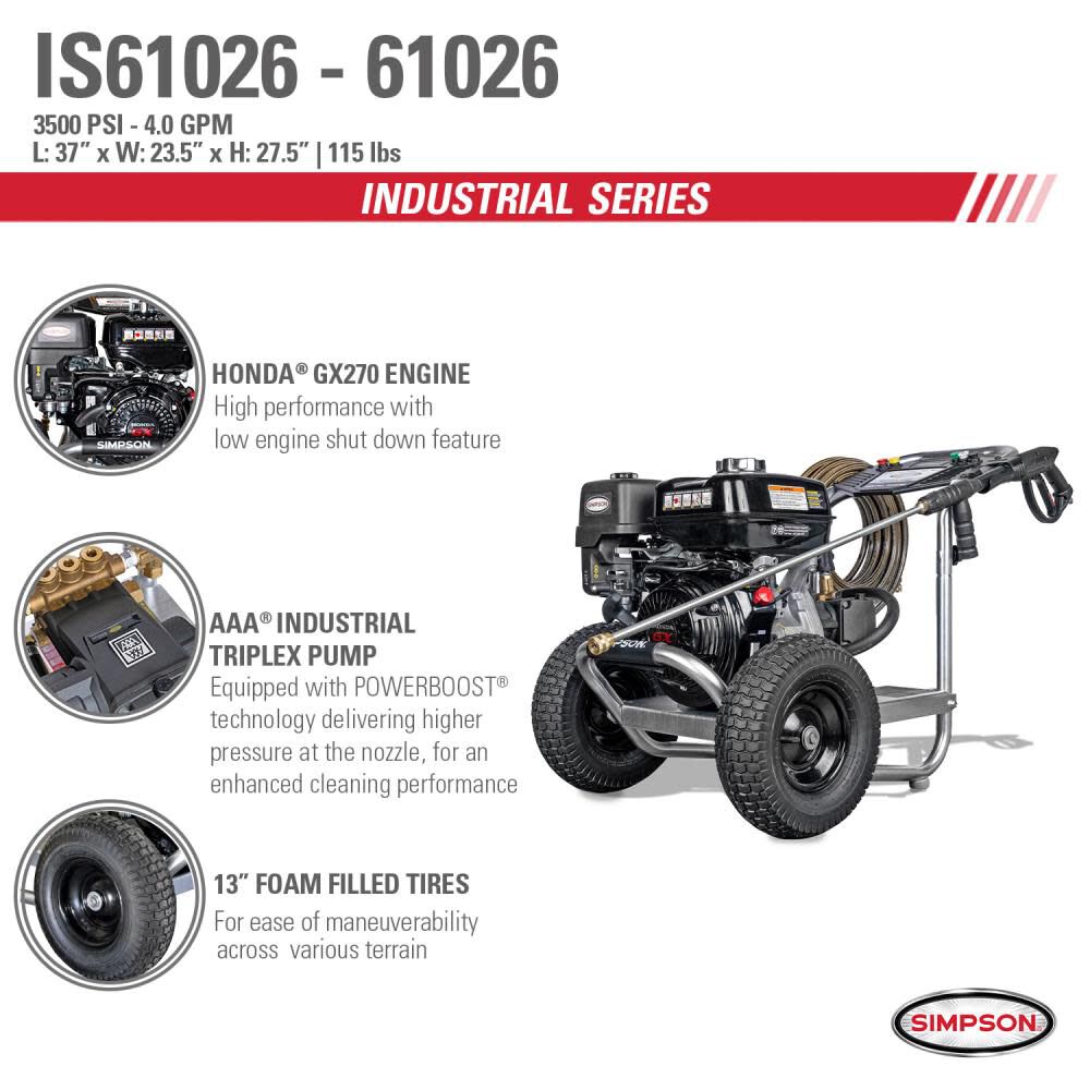 Industrial Pressure Washer 3500PSI 4.0GPM - 49 State Certified IR61026