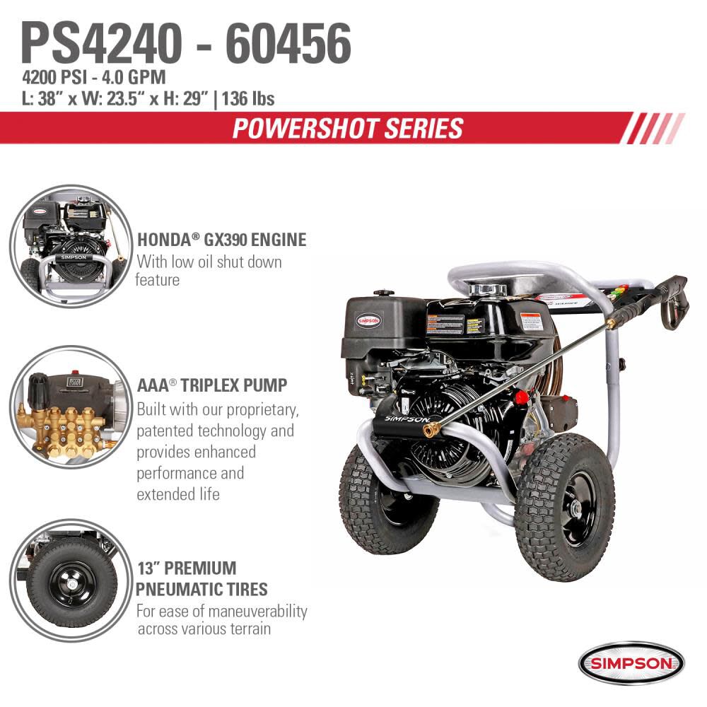 PowerShot 4200 PSI at 4.0 GPM HONDA GX390 with AAA Industrial Triplex Pump Cold Water Professional Gas Pressure Washer (49-State) 60456