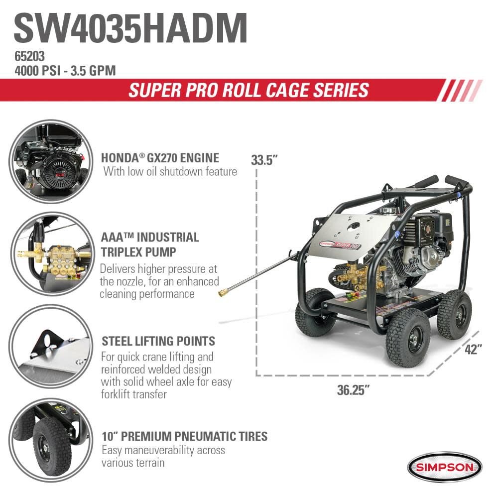 Super Pro Roll Cage Cold Water Professional Gas Pressure Washer 4000 PSI SW4035HADM