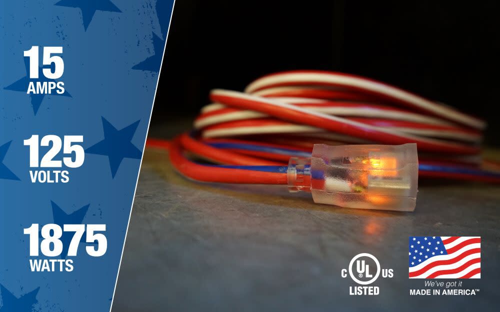 12/3 50 Ft. SJTW Made in the USA Red/White/Blue Extension Cord 2548SWUSA1