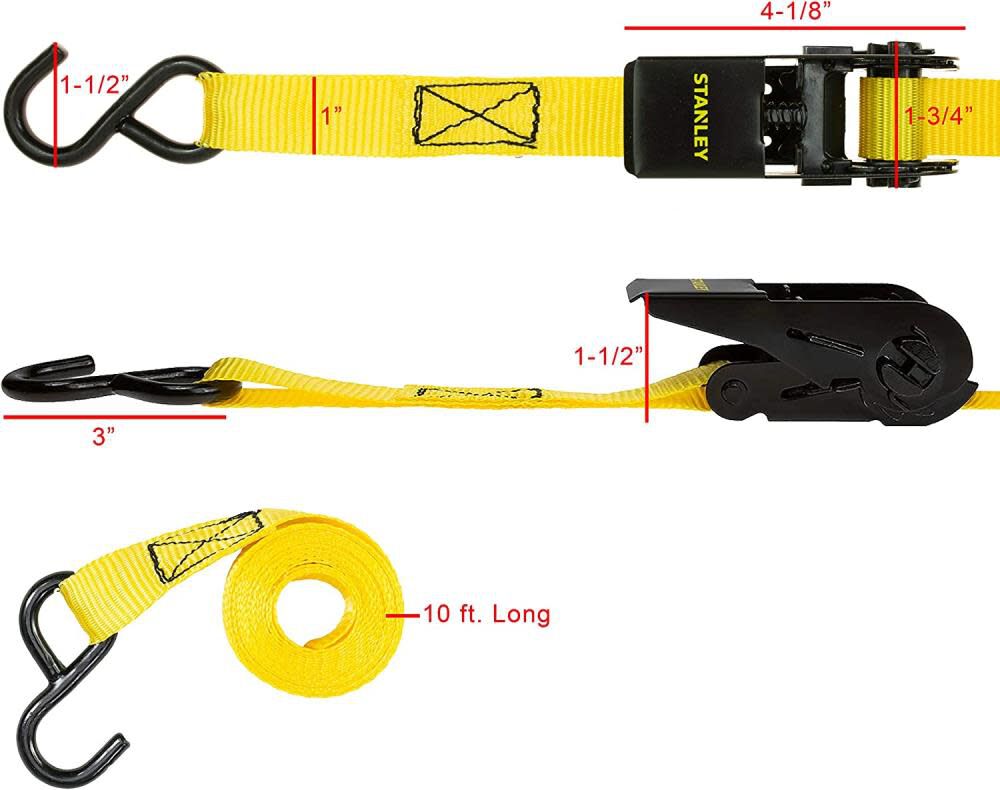 Ratchet Straps 1in x 10' 900 lb Break Strength Light Cargo Hauling 4pk S9500