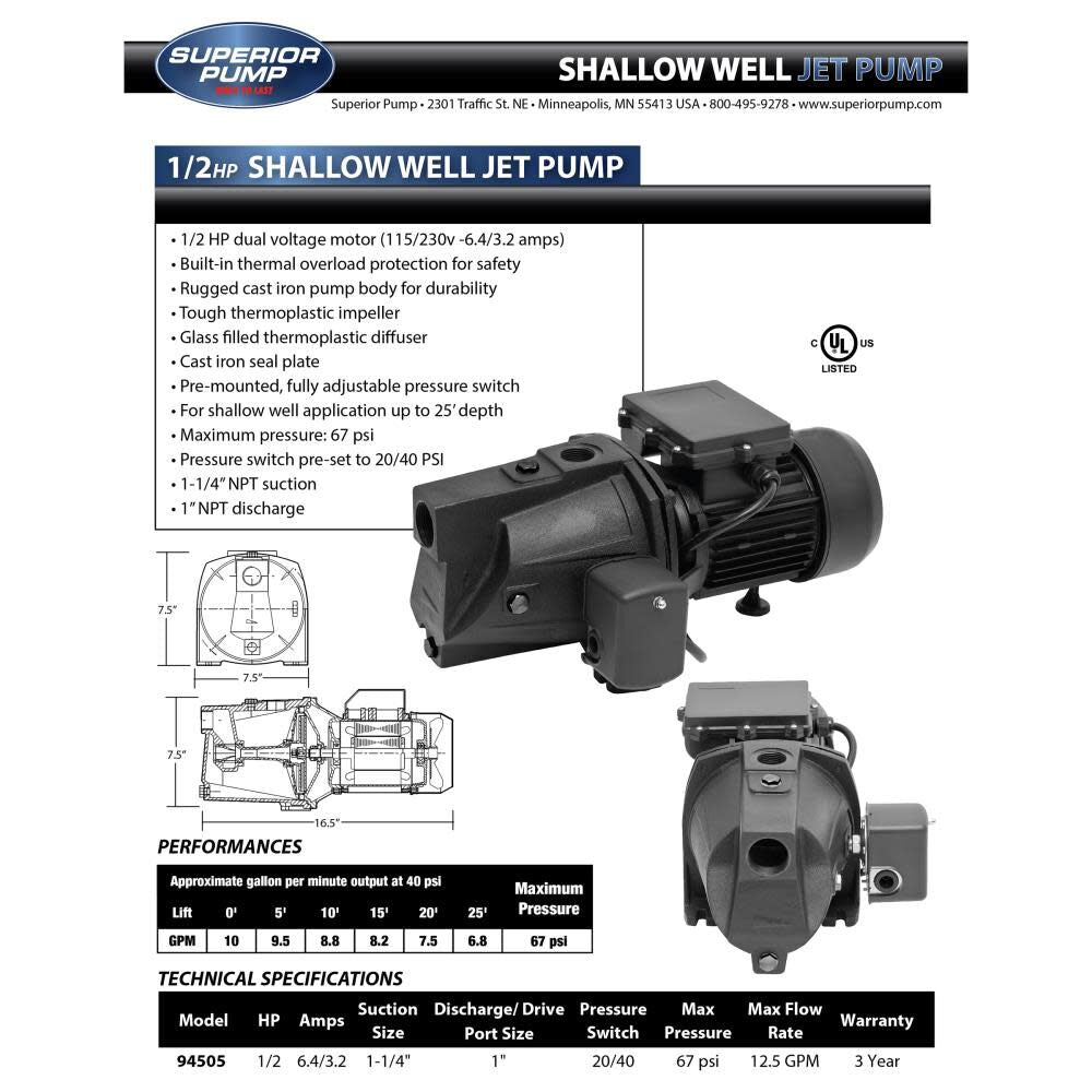 1/2 HP Cast Iron Shallow Well Jet Pump 94505