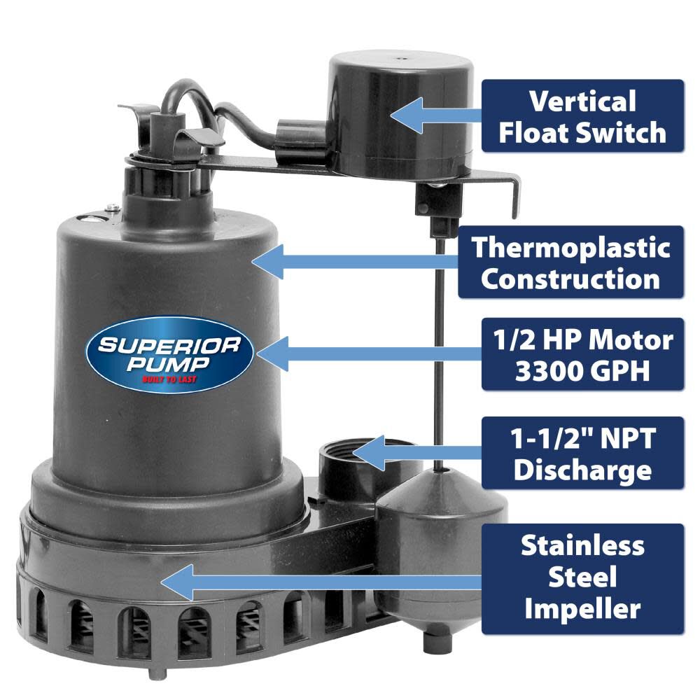 1/2 HP Thermoplastic Sump Pump with Vertical Switch 92572