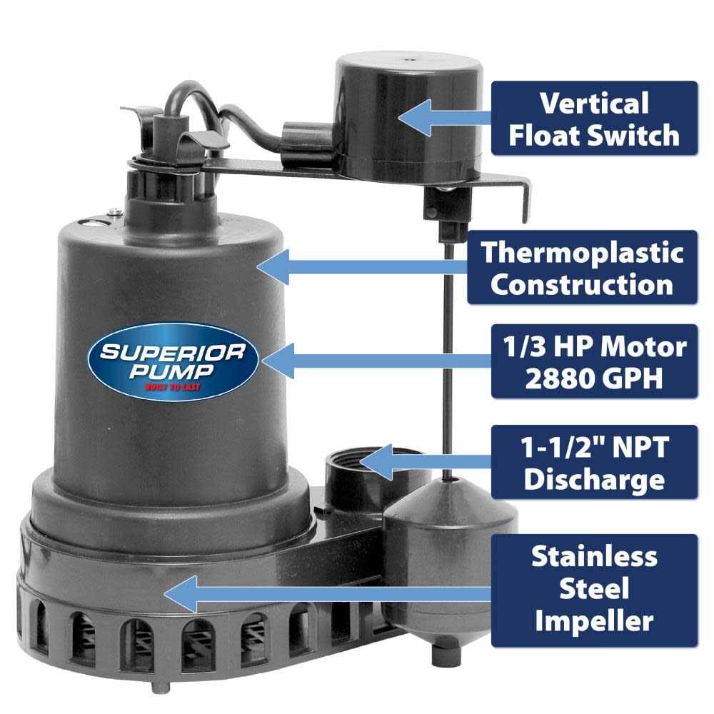 1/3 HP Thermoplastic Sump Pump with Vertical Switch 92372