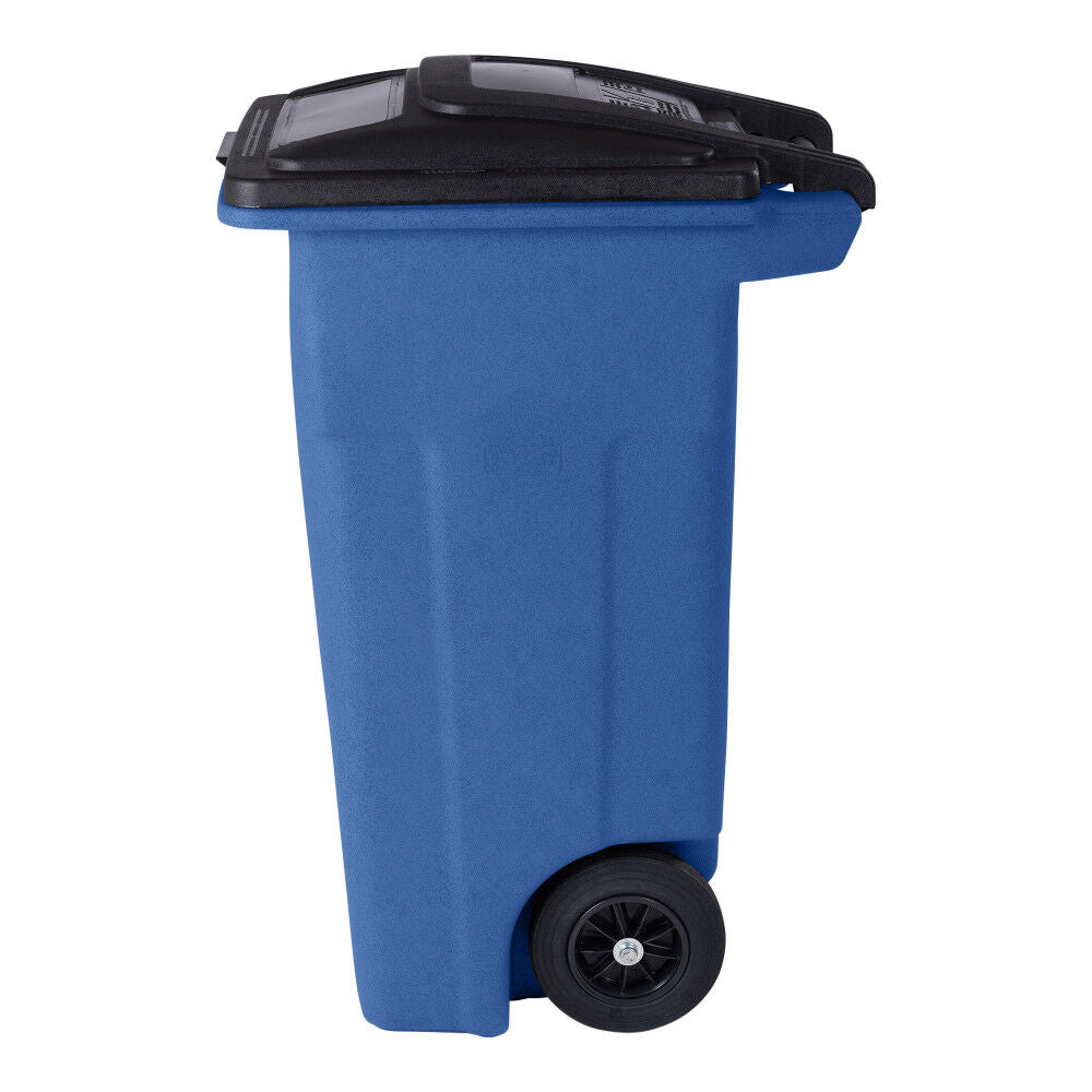 32 Gallon Blue Trash Can with Quiet Wheels and Attached Black Lid ANA32-00BLU