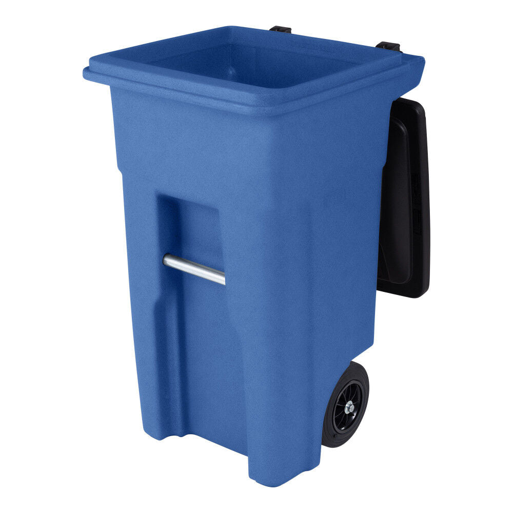 32 Gallon Blue Trash Can with Quiet Wheels and Attached Black Lid ANA32-00BLU