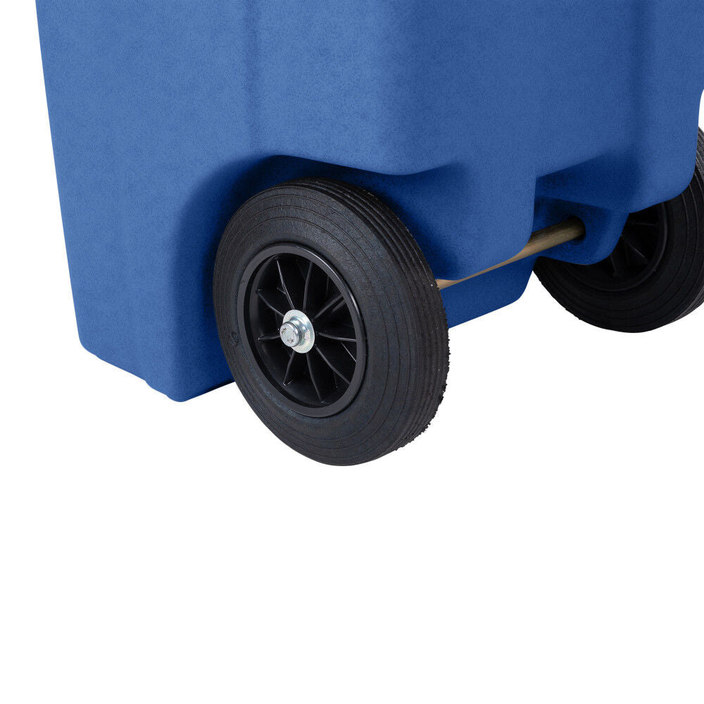 32 Gallon Blue Trash Can with Quiet Wheels and Attached Black Lid ANA32-00BLU