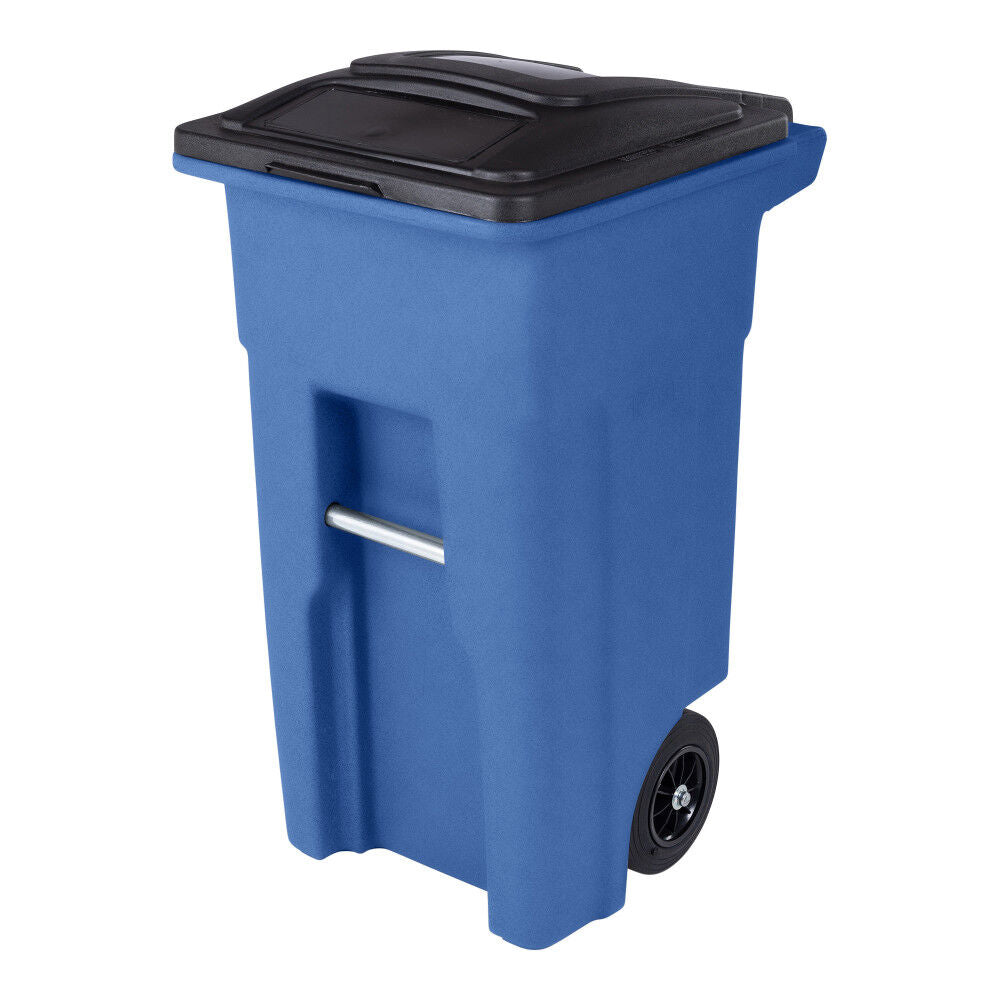 32 Gallon Blue Trash Can with Quiet Wheels and Attached Black Lid ANA32-00BLU