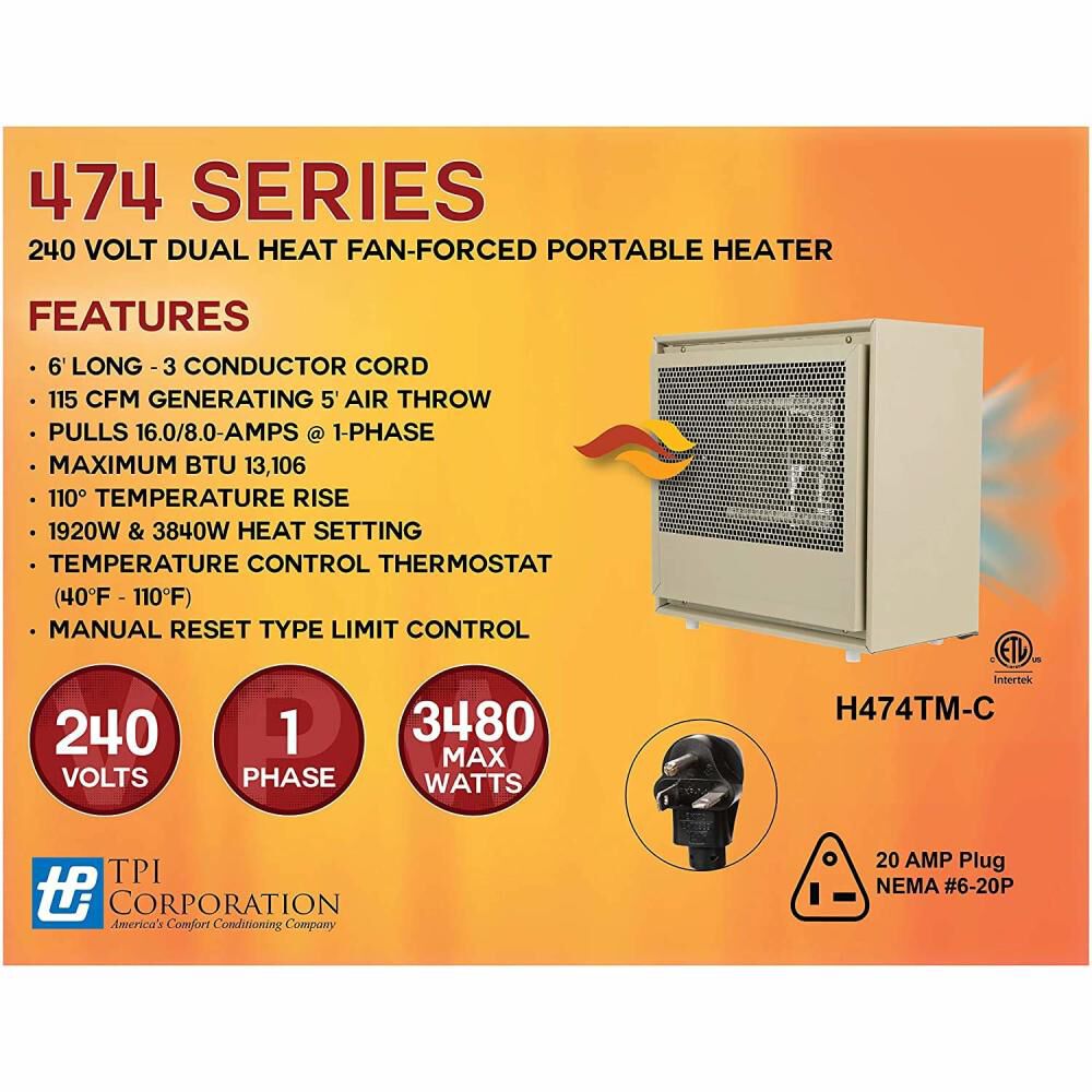 Heater 240V 1 Phase 1920with 3840W Dual Heat Fan Forced Portable H474TMC