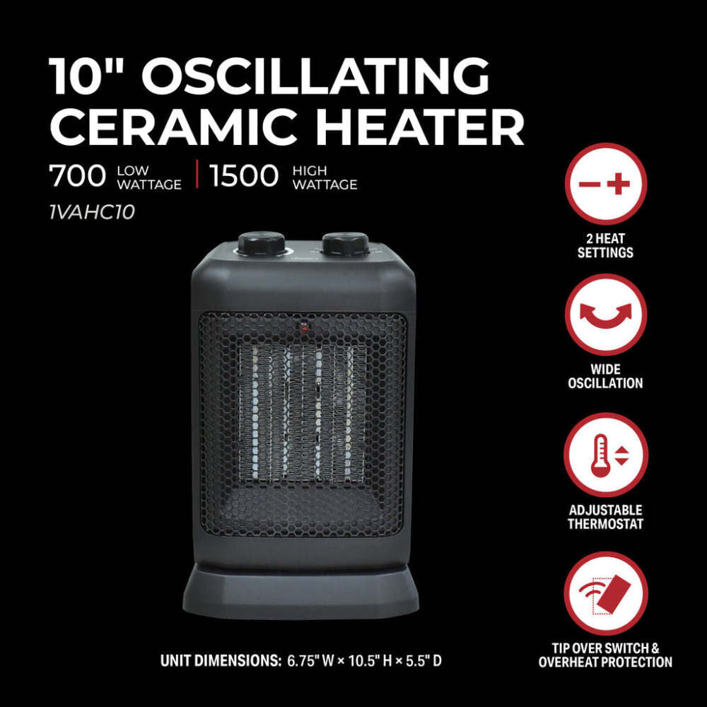 10 In. 750/1500W 5120 Btu 160 Sq-Ft. Oscillating Ceramic Heater 1VAHC10