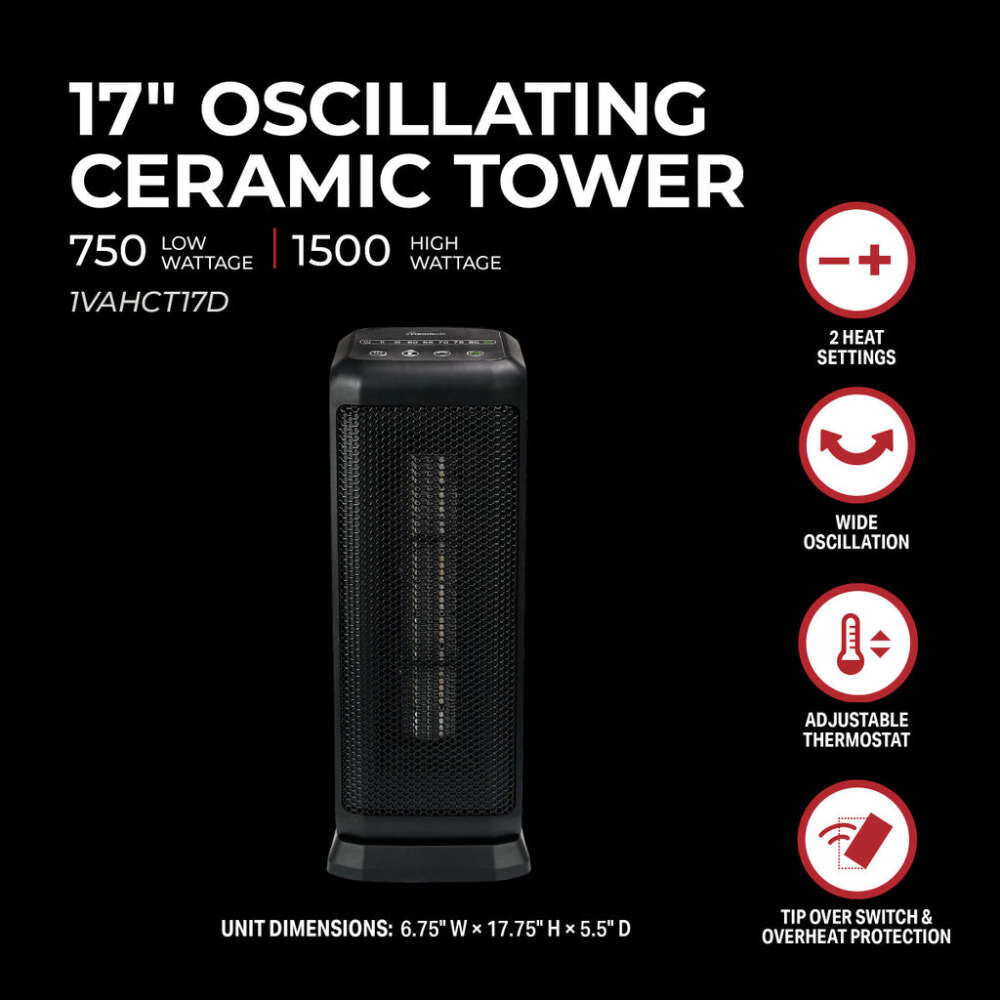 17 In. 750/1500W 5120 Btu 160 Sq-Ft. Ceramic Tower Heater 1VAHCT17D