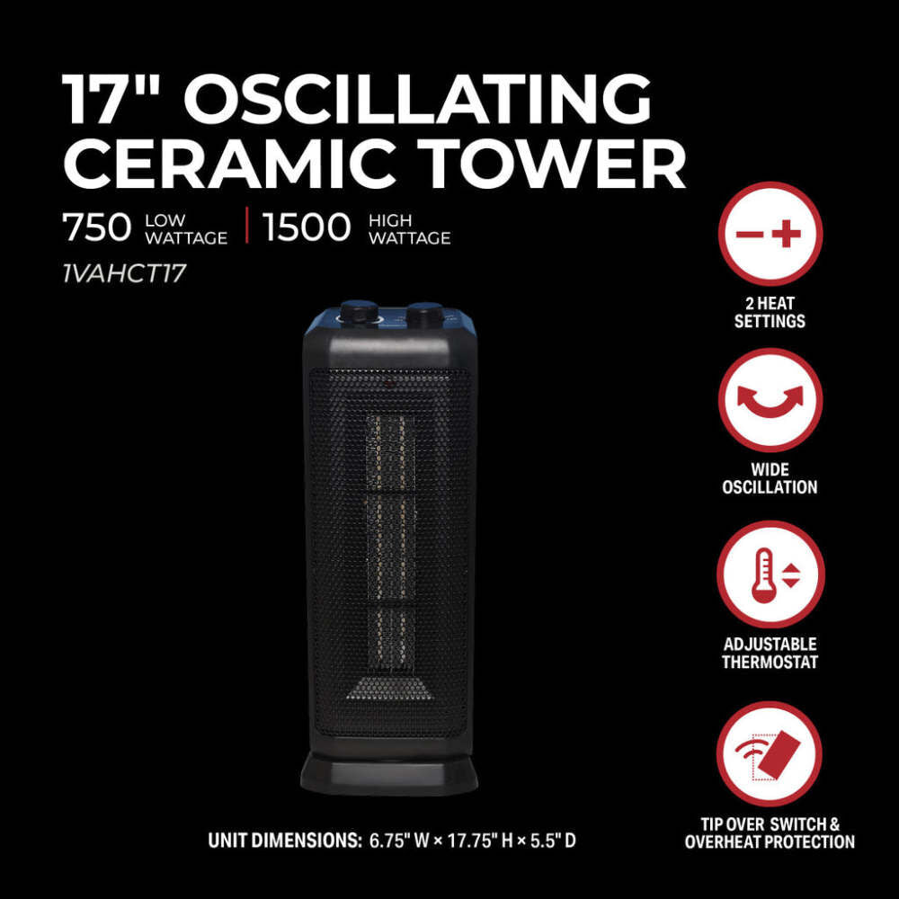 17 In. 750/1500W 5120 Btu 160 Sq-Ft. Oscillating Ceramic Heater 1VAHCT17